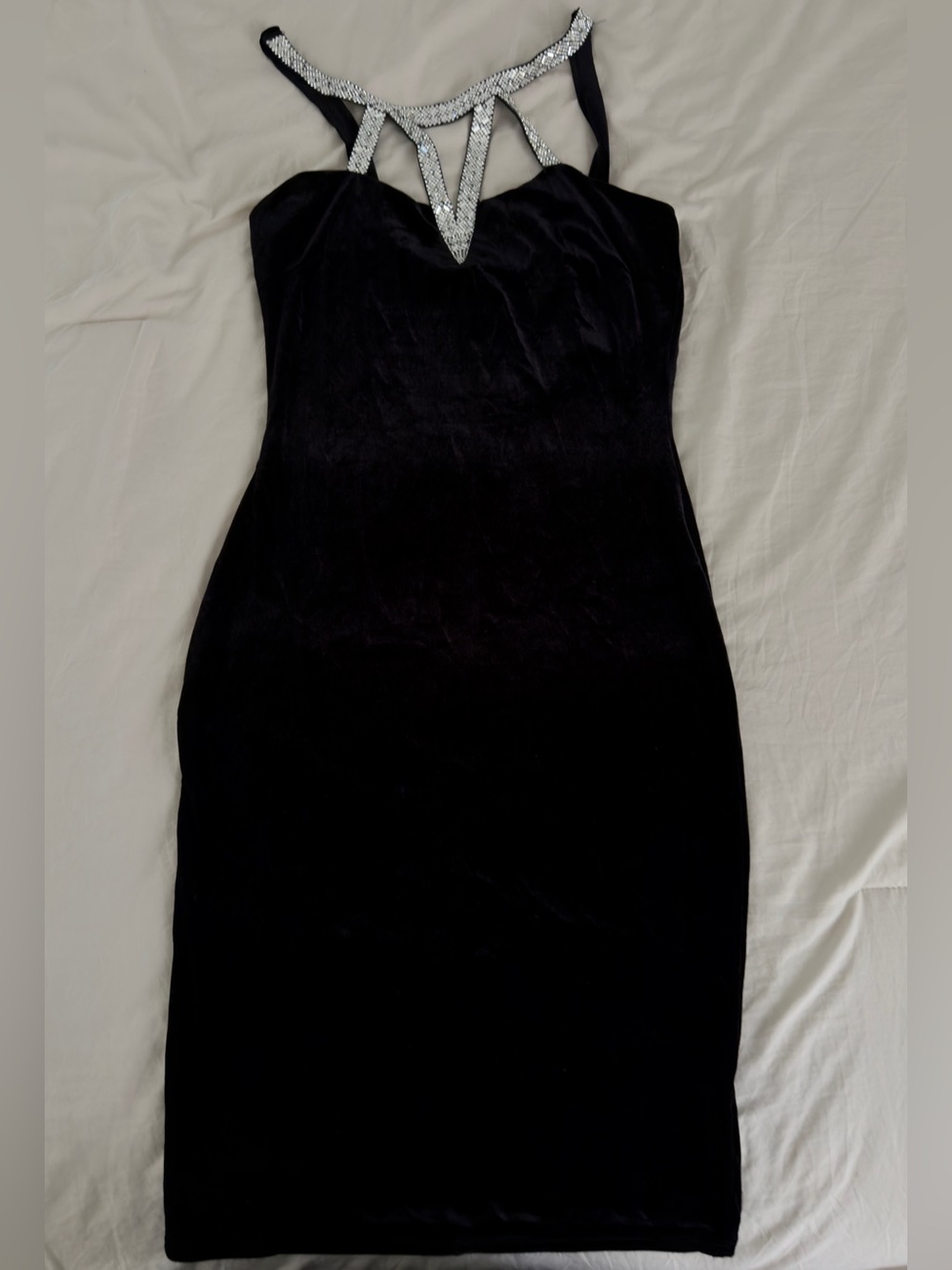 Black Velvet Evening LBD with Rhinestone Trim